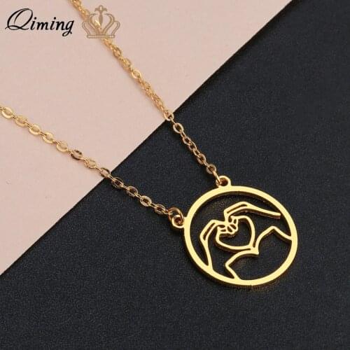 QIMING Figure I Love You Pendant Necklace For Women Vintage Gold Silver Sign Language Hand Heart Wedding Necklace Collier
