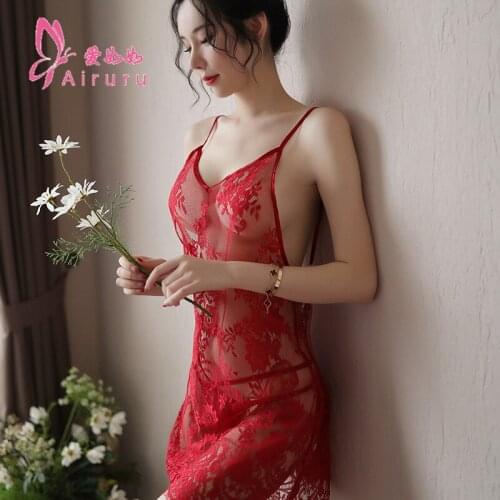 Sexy Pajama new style sexy lingerie v-neck dew back transparent large size suspenders lace eyelash nightgown