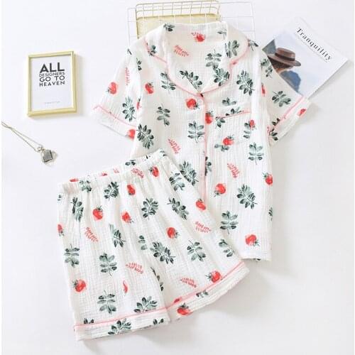Fashion Summer New Pajamas Set Women Cotton Comfort Home Clothing 2PC Set Strawberry Printed Sleepwear Femme Short Sleeve Casual