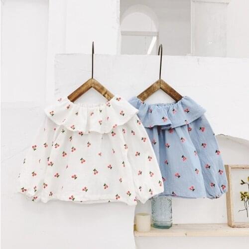 Hot 2019 Spring Summer Baby Girl Blouse Shirts Ruffles Turn Down Collar Princess Kids Clothings Linen All Match Cherry Clothes