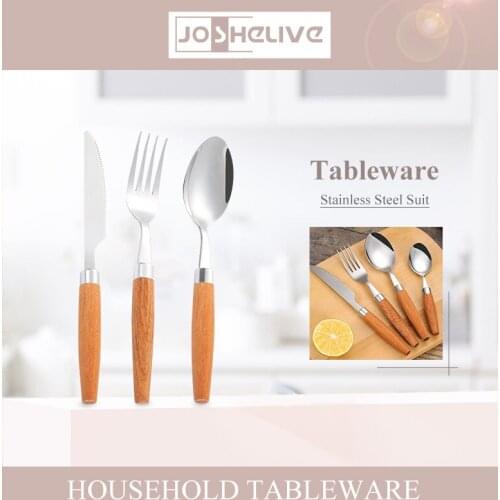 Japanese Creative Wooden Handle Stainless Steel Knife Fork Spoon Creative With Wooden Handle Home Kitchen Supplies