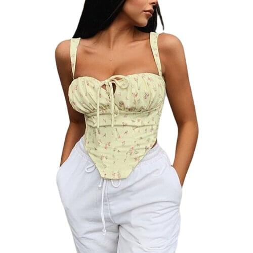 Women Backless Sexy Crop Top Corset Ladies Floral Printing Tube Shirt Bandage Sling Straps Vest Tank Tops Street Beach Clothing
