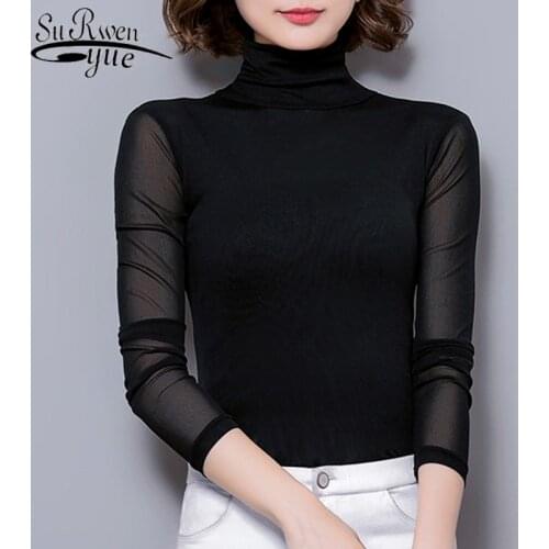 Autumn Winter New Casual Long Sleeve Women Tops Sexy Mesh Blouse Turtleneck Elasticity Black Shirt Slim Tight Shirts 7536 50