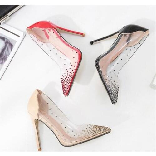Women pumps PU Slip On 11CM Thin Heels High heels Pointed Toe Rhinestones Shallow shoes for women women shoes 2020 size 35-42