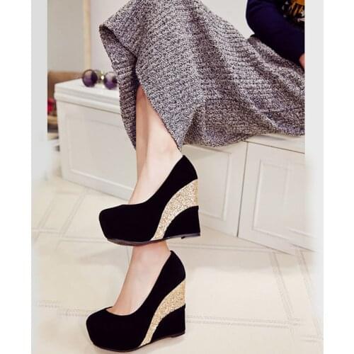 EAGSITY Suede sequined women wedges shoes platform round toe pumps slip on wedding party ladies dress
