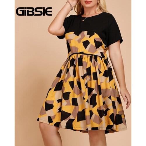 GIBSIE Casual Womens Patchwork Print Dress Fashion O-Neck Short Sleeve Loose Mini Dresses For Women Plus Size Vintage Dress 5xl
