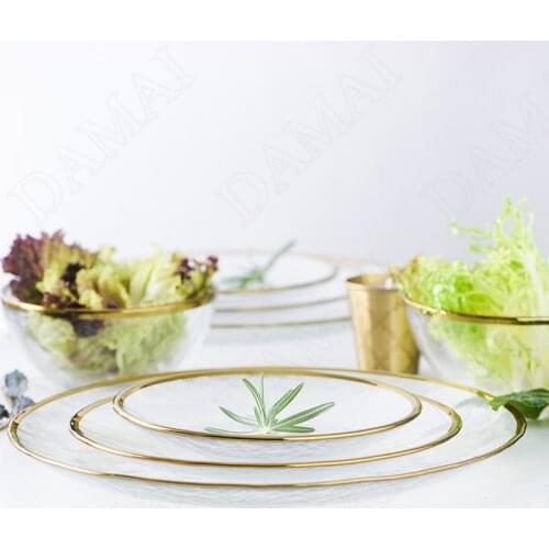 Golden Stroke Glass Plate Transparent Fruit Salad Plates Western Steak Dish Restaurant Serving Tray European Kitchen Tableware