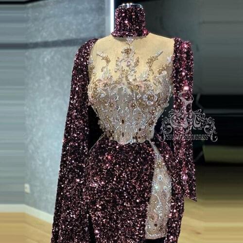 Glitter Beaded Rhinestone Dubai Evening Dresses With Long Cape Sleeves High Slit See Thru Pretty Sequin Evening Gowns For Party