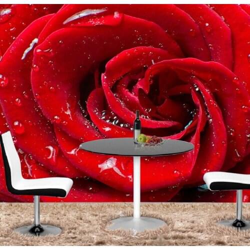 Large 5d Papel Mural Red rose Flower Water Drops 3d Wall Photo Mural Wallpaper for Wedding Room 3d Wall Murals Wall paper
