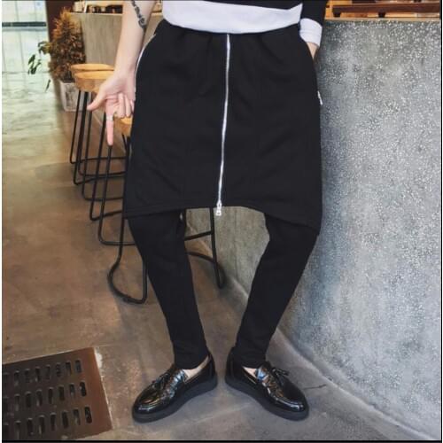 M-5xl Autumn New Mens Punk Faux Two Piece Personality Harem Pants Slim Trousers Skirt Tide Zipper Culottes Hairstyles Costumes