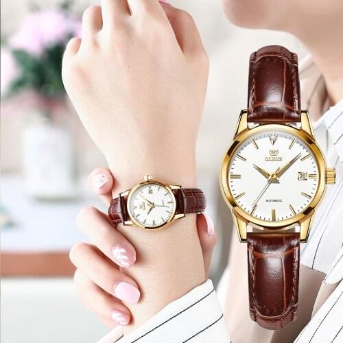 OLEVS Watches for Women Brown Leather Women Automatic Watch Mechanical Classic Ladies Watches Casual 3ATM Waterproof WristWatch