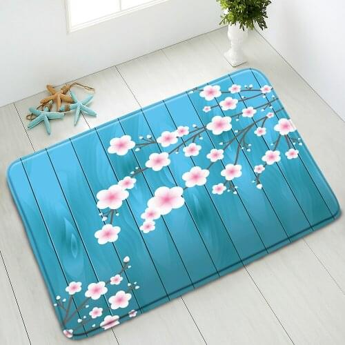 Color Flowers Non-Slip Bathroom Mat Retro Wood Plank Pink Cherry Blossom Bird Butterfly Indoor Entrance Doormat Washable Carpet