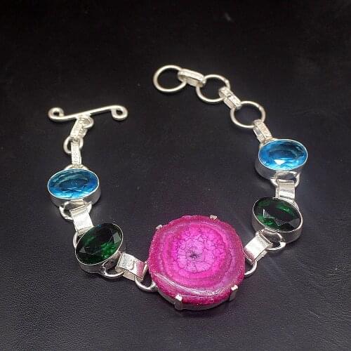 Hermosa Jewelry Natural Solar Quartz Shiny MultiTopaz Silver Color Charms Chain Links Bracelets for Women 7.25 Inch FQ91