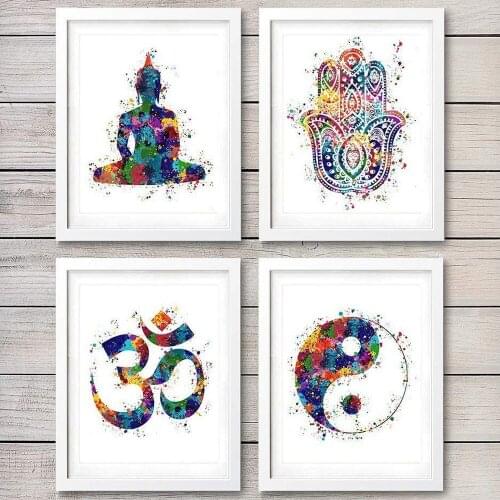 Yoga Art Canvas Painting Poster Hand of Fatima Lotus Meditation Tai Chi Murals Gym Bedroom Home Wall Decor Pictures Just Breathe