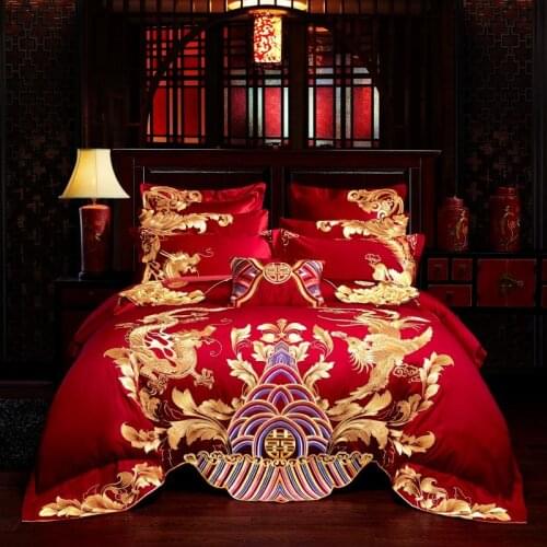 Gold Loong Phoenix Embroidery Red Cotton Chinese Royal Wedding Princess Bedding Set Duvet/Quilt Cover Bed Sheet Linen Pillowcase