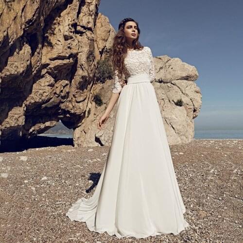 High Neck Lace and Chiffon Half Sleeves Beach Wedding Dress Ruched Waistband Bridal Dress vestido de fiesta de boda