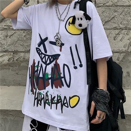 Summer Japanese Funny Printed Women Female Black Cartoon Hip Hop Kpop T-shirt Cool Gray White Streetwear T Shirt Tee