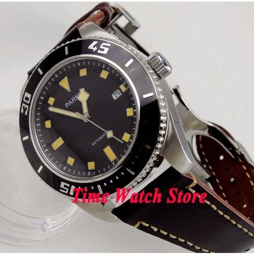 43mm Parnis Miyota 10ATM automatic mens watch sapphire crystal black dial yellow marks luminous waterproof