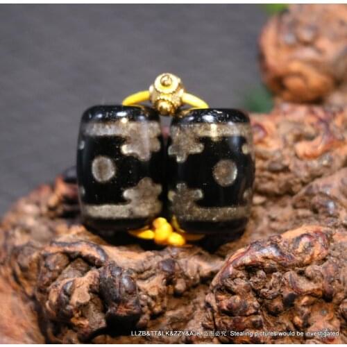 No.210127B2 A Pair of Tibetan Old Oily Agate Golden Black Honestly 3 Eye dZi Bead Amulet P02 LKbrother Saurces