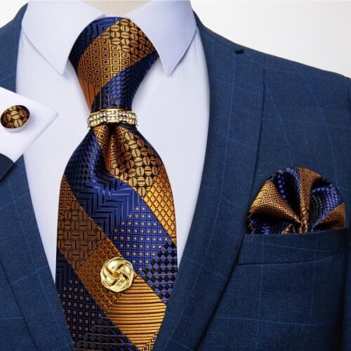 New Formal Gold Blue Striped Ties For Men 100% Silk Tie Set Hanky Cufflinks Tie Tack Wedding Party Necktie Gift For Men DiBanGu