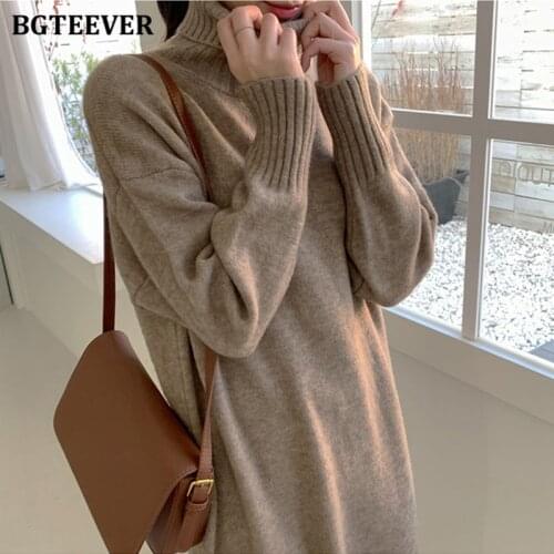 BGTEEVER Casual Turtleneck Full Sleeve Straight Knitted Dress Women Autumn Winter Thick Warm Sweater Mid-Calf Dress Female 2020