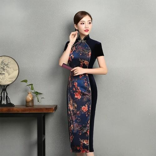 Chinese Dress Midi Elegant Qipao Velvet Patchwork Print Floral Short Sleeve Robe Vintage Femme Vietnam Cheongsam Dress AA4807