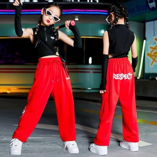 Jazz Dancer Outfit Rave Clothing Girls Set Hip-Hop Street Dancewear Stage Costume Cheerleader Crop Tops Red Loose Pants DL8394