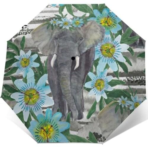 Wind Resistant Folding Automatic Umbrella Women Auto Elephant And Passion Flowers Windproof Umbrellas Rain For Men Parasol
