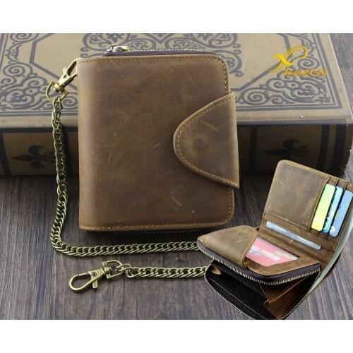 VINTAGE Mens Wallet with Chain Leather Brown Biker Zipper Coin Holder V21