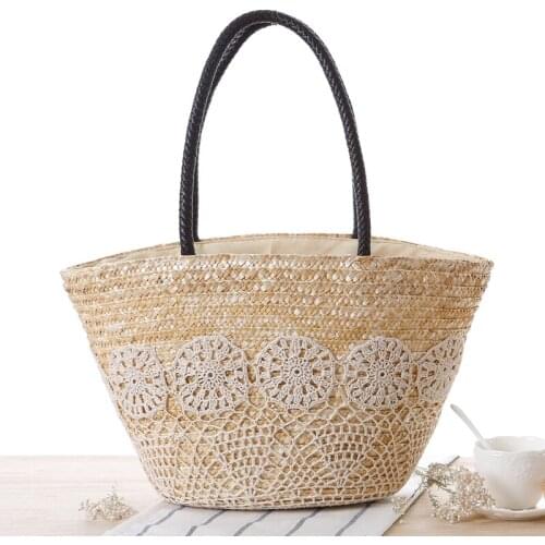 Women Holiday Shoulder Straw Woven Bag Tote Hand-made Flower Summer Beach Photo Props Travel Shopping Bag
