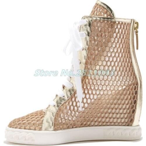 Hollow Air Mesh Ankle Booties Lace Up Height Increase Custom Made Summer Women Shoes Back Zipper Nude Breathable Shoes