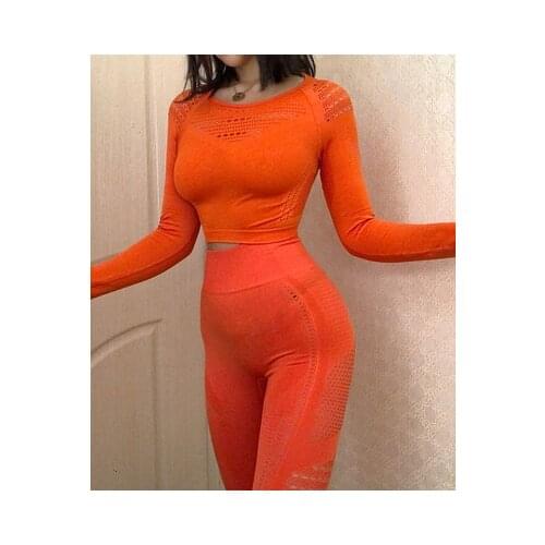 2 PCS Set Ombre Seamless Women Sport Suit Gym Workout Clothes Long Sleeve Fitness Crop Top And Scrunch Butt Leggings Yoga Set