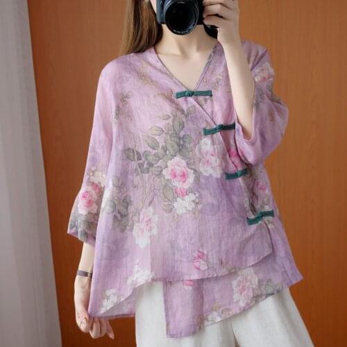 Ladies Traditional Chinese Cheongsam Summer Floral Print Button Up V Neck Top Women Ethnic Cotton Linen Blouse Elegant Girls