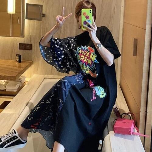 Women O-Neck Dress Pleated Stitching Ladies Black Robe Floral Dress