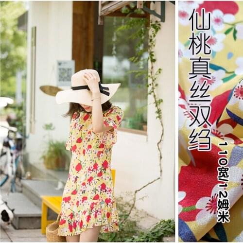 1 Meter Yellow Fairy Peach Printed Silk Crepe De Chine Fabric Summer Shirt Skirt Childrens