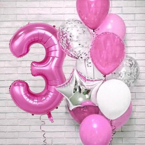 12Pcs Pink Number Star Foil Balloon Birthday Party Decoration Confetti Latex Balloons Kids Baby Girl 1 2 3 4 5 6 7 8 9 Years Old