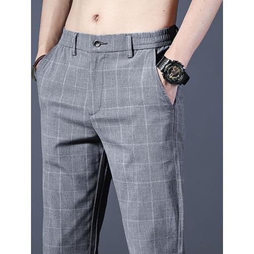 2020 Mens Summer Autumn Thin Casual Business Plaid Pants Suit Pants Male Elastic Straight Formal Trousers Plus Size 28-40 L69