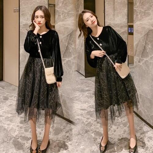 6003# Maternity Dress Spring Autumn Long Sleeve Gauze Patchwork Stylish Dress for Pregnant Women Mom Dress