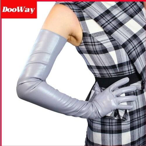 DooWay Women Soft Long Leather Dress Gloves 28 Inches Faux Leather Fashion Colors for Evening Party Costume Cosplay Light Grey