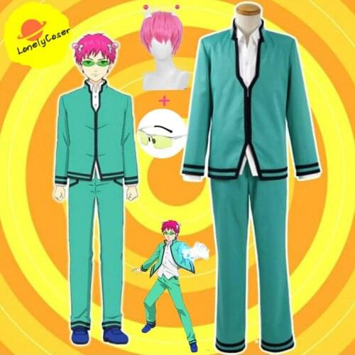 Anime The Disastrous Life No Sai-nan Saiki Kusuo Cosplay Costume Pink Wig Headwear Glasses Coat+Pants+Shirt Party Outfits Men