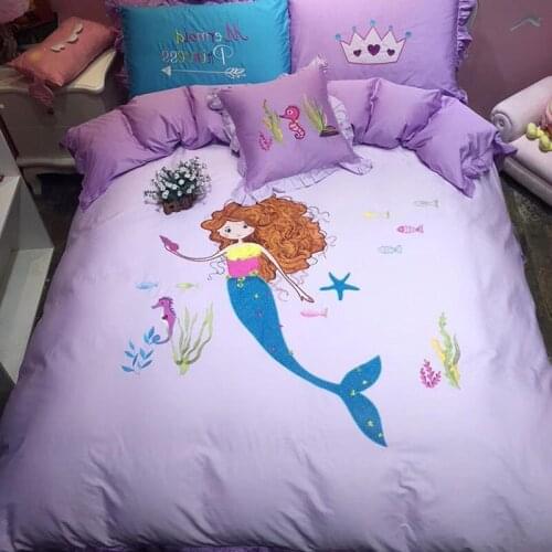 Purple Mermaid 4Pcs 100% Cotton Queen King Lovely Cartoon Bedding set Animal Duvet Cover Set Bed sheet Pillowcase Embroidery