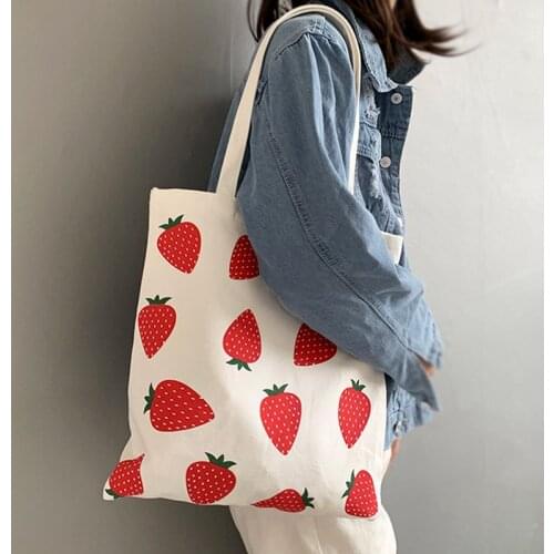 W&G Korean Strawberry Printed Canvas Student Schoolbag Single Shoulder Wallet Bag Handbag Canvas Tote Bag