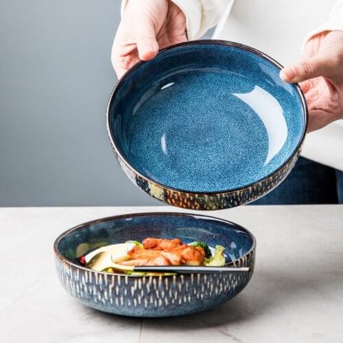 LingAo Creative Blue Dish Bowl household Nordic croquet bowl 7-inch soup bowl salad bowl round deep dish