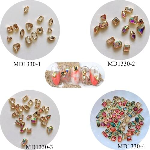 10pcs Nail Art Metal 3D Charms Stone Deco Mix Bag Deco Crystal and AB Gem with Gold base shell stone Mix Bag MD1330