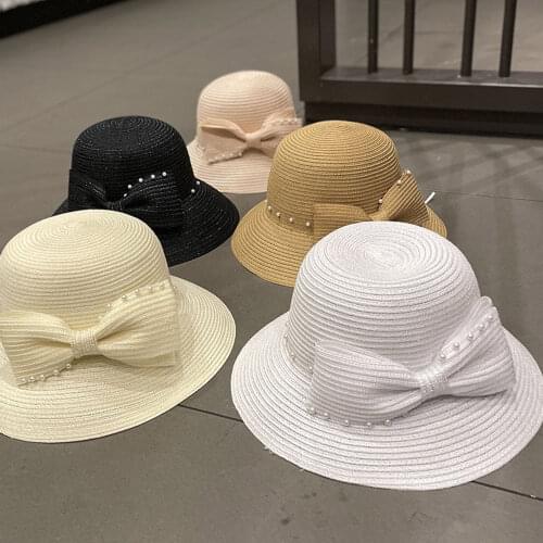 Fashion Kpop Straw Bow Fisher Hat Women Sun Protection Sunshade Cap Beach Outdoor Leisure Sun-proof All-matching Tourism Hats