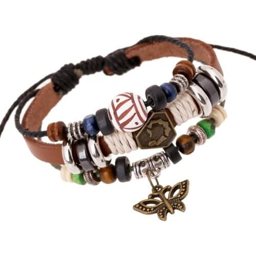 Fashion Women Vintage Bronze Butterfly Beads Bracelet Wrap Handmade Casual Leather Retro Charms Bangle Wristbands Hippie Jewelry