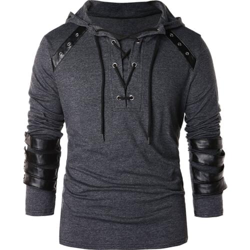 Men Hoodie Plus Size Punk Pu Leather Long Sleeve Lace Up Black Blue Streetwear Gothic Casual Hooded Sweatshirt 2020 Spring Tops