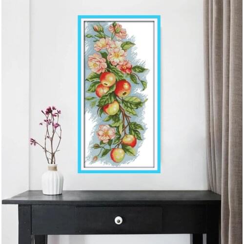 Flowers and apples Handmade Printed Canvas Cross Stitch Kit Decore 11CT 14CT Canvas DMC Embroidery Needlework Cross-stitch set