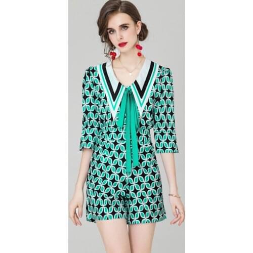 2021 Autumn New Fashion Suit Bowknot Lapel Half Sleeve Shirt + High Waist Slim Shorts Vintage Green Print Two Piece Set