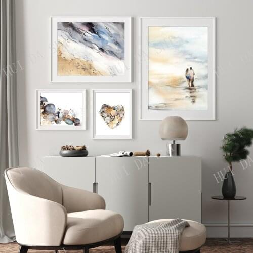 Beach Gallery Wall Prints Set, Beach Story Sea shore Couple in Love Seashells Heart Set of 4 Fine Art Prints LIMITED EDITION set